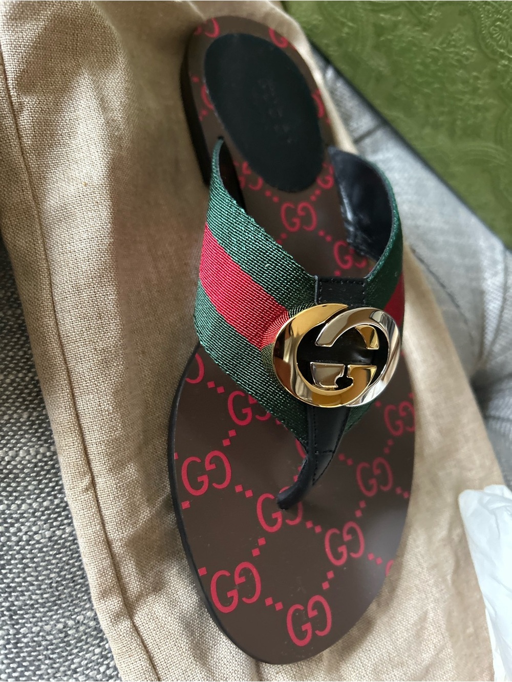 Gucci Green & Red Web GG Logo Thong Sandal with Gold Hardware